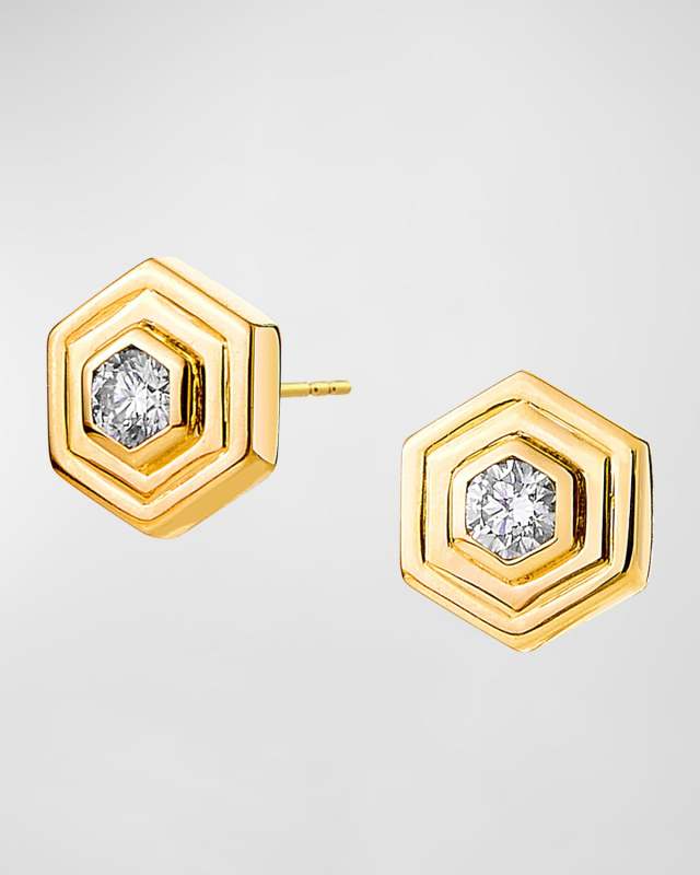 18K Yellow Gold Geometrix Double Bezel Hex Earrings